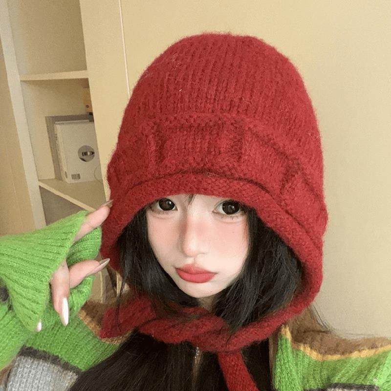 红色新款秋冬保暖毛线帽雷锋帽子加厚冬季护耳针织韩版绑带毛线帽