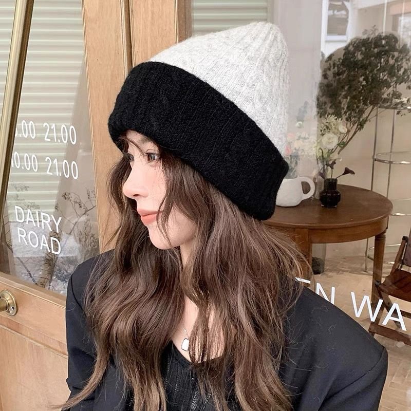 简约双色拼接毛线帽子女秋冬季保