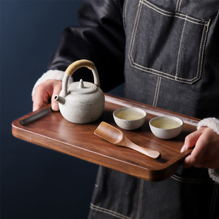 黑胡桃木茶盘托盘 日式 家用长方形实木茶盘小型茶杯具原木质托盘