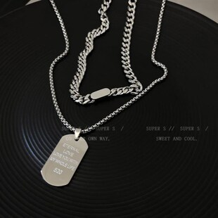 钛钢吊坠项链长款狗牌军牌毛衣链潮小众设计男士款卫衣链饰品男生