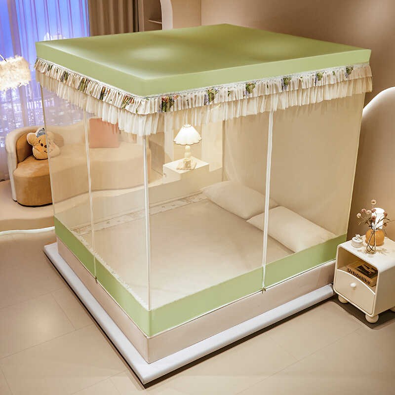 T型回底床笠式遮光帘蚊帐家用A类儿童防摔三开门床帘拉链加厚支架