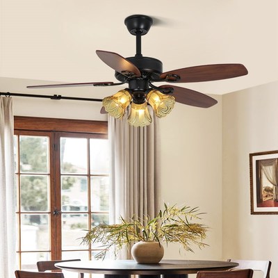 代森法式复古风扇灯家用木叶卧室客厅餐厅电扇灯变频中古风吊扇灯