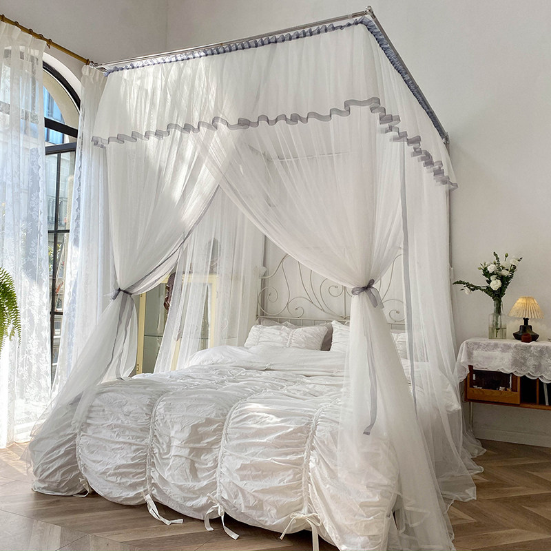 白色U型伸缩蚊帐三开门支架家用卧室公主风床幔加密落地新款高级