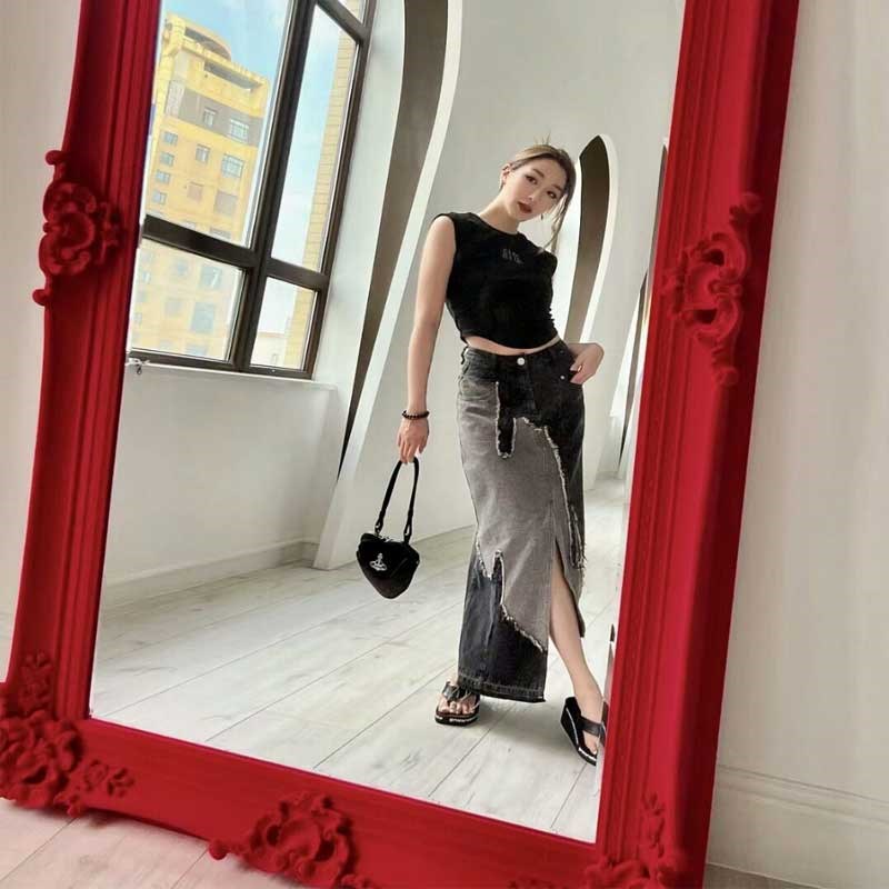 复古植绒荧光绿穿衣镜显瘦全身镜服装店网红落地试衣镜孟菲斯