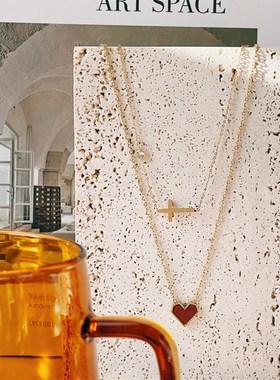 2023新款小众设计感高级红色爱心十字架水晶项链叠戴锁骨链情人节