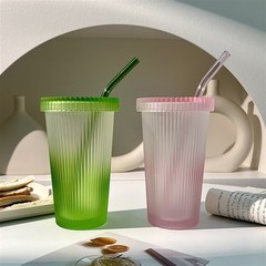 磨砂渐变色条纹杯带盖吸管杯高颜值牛奶杯子冰咖啡饮料杯玻璃水杯