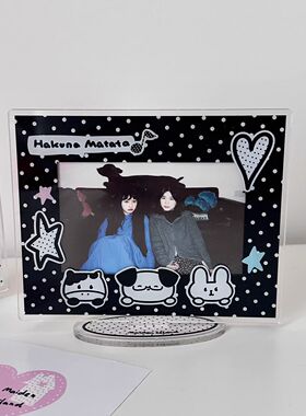 小红书同款黑色波点猪包小狗插画wide宽幅拍立得相框立牌送礼物