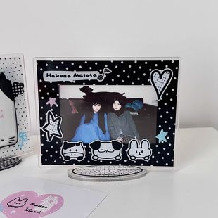 小红书同款黑色波点猪包小狗插画wide宽幅拍立得相框立牌送礼物