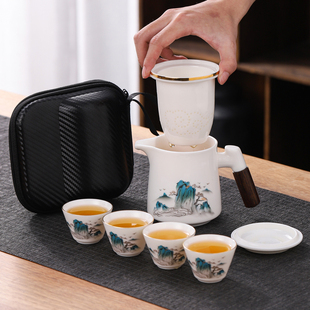 快客杯羊脂玉白瓷便携式 旅行茶具套装 包户外露营一壶四杯简约防烫