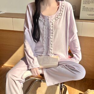 绒家居服套装 海岛绒2025秋冬长袖 宫廷蕾丝公主风睡衣女开衫
