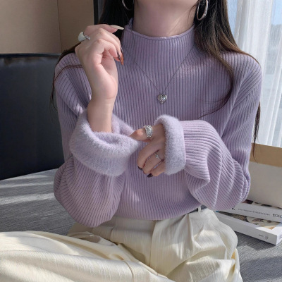 秋冬打底衫女内搭2025新款紫色加绒保暖时髦洋气修身显瘦针织毛衣