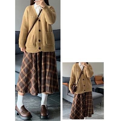 棕色格子毛呢半身裙女春秋季高腰胖mm显瘦梨形身材中长款a字裙子