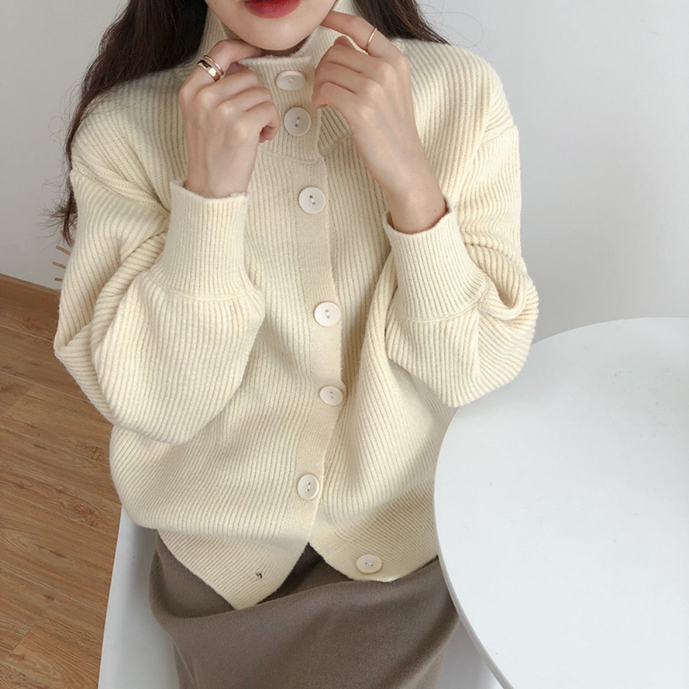 设计感小众高领慵懒风百搭开衫毛衣外套女装秋冬季宽松针织衫上衣