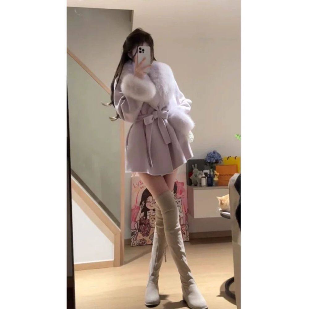 新款秋冬时尚富家千金双面大衣穿搭感毛呢外套斗篷