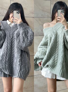 慵懒风外穿洋气V领宽大灰色麻花毛衣女学生秋冬韩版百搭针织衫潮