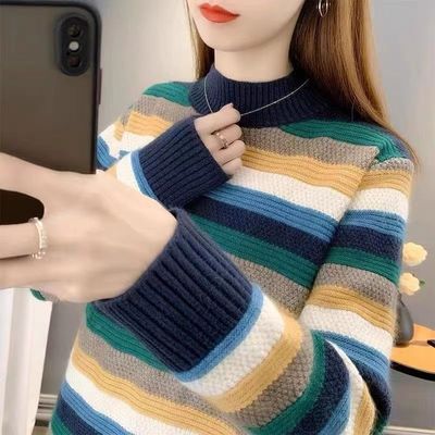 2023半高领条纹毛衣女装秋冬季新款宽松加绒加厚内搭针织打底衫