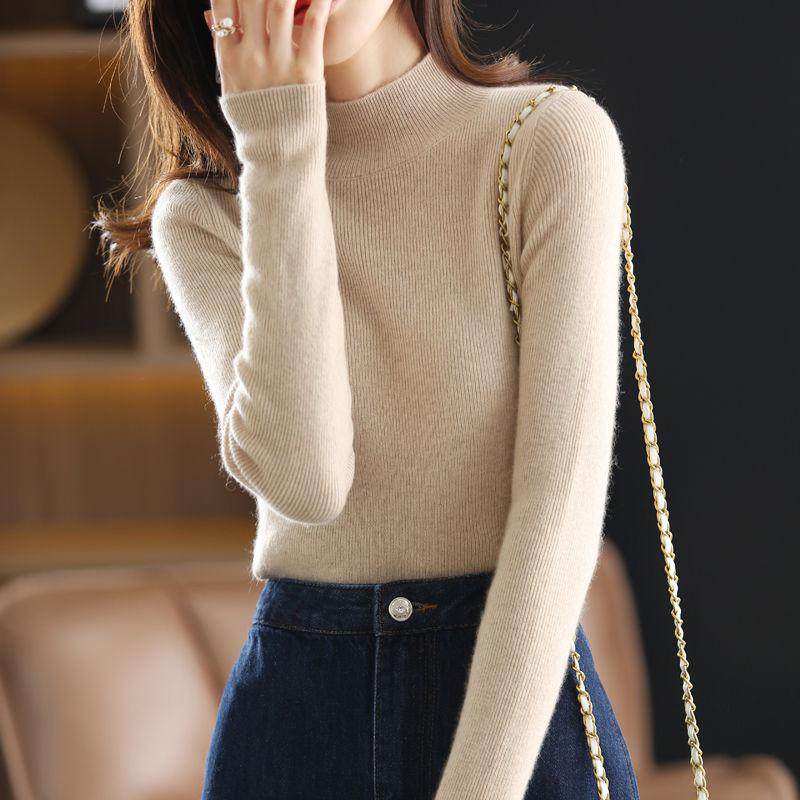 半高领打底衫女内搭修身针织衫2025秋冬新款长袖紧身中领黑色毛衣