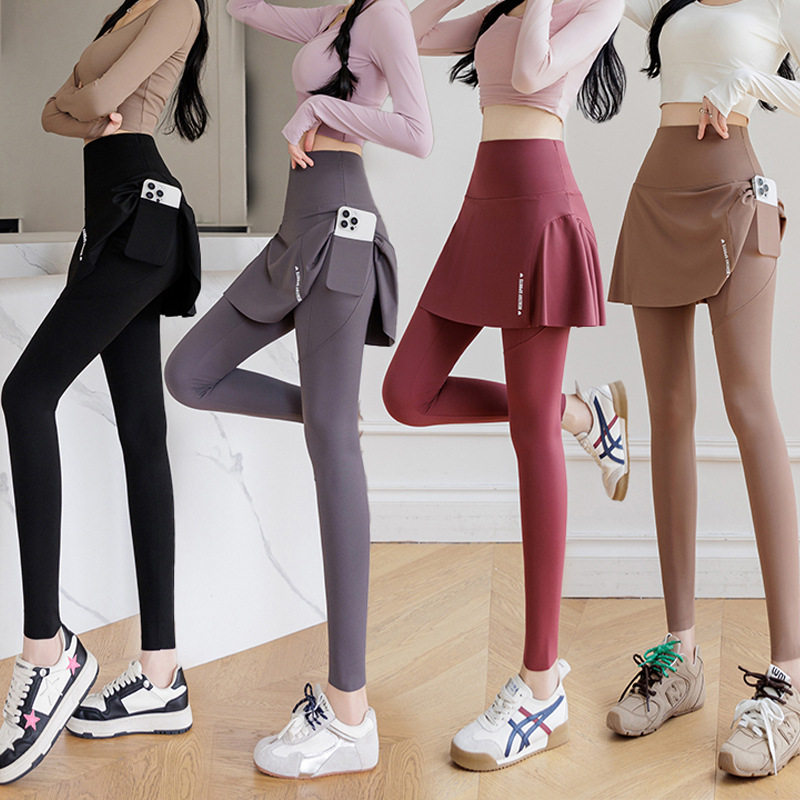 200斤特大码瑜伽裤裙侧口袋高腰假两件鲨鱼裤外穿显瘦弹力打底裤