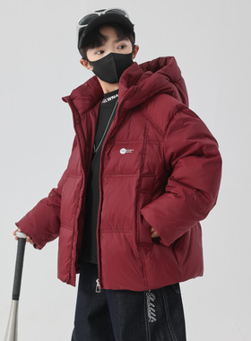 男童羽绒服冬季加厚2025新款中大童红色连帽儿童冬装防寒保暖外套