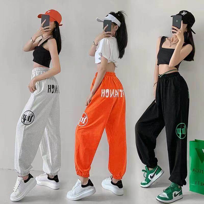 跨境嘻哈街舞hiphop束脚运动裤女高腰宽松休闲爵士jazz跳舞长裤子