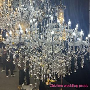 新款婚礼水晶灯婚庆礼堂道具吊灯铁艺电镀银色水晶珠帘吊顶装饰灯