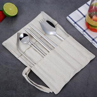 岛奇304不锈钢环保可循环使用吸管沙拉叉勺套装 家庭 便携式布袋