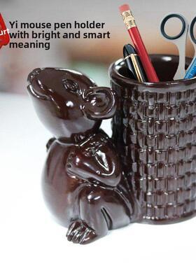 乌木雕刻鼠标笔架可爱的办公室装饰品桌面木制茶具储存管茶管礼物