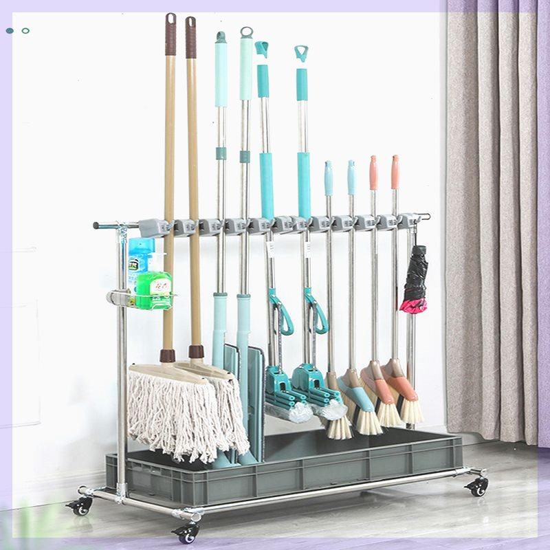 落地式不锈钢拖把架子移动扫把架挂钩免打孔卫生间收纳沥水整理架