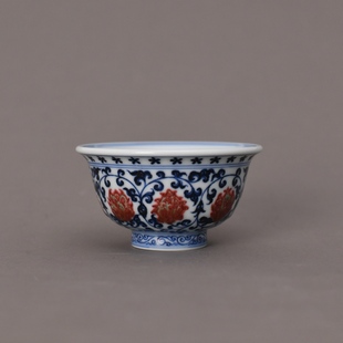 景德镇春风祥玉仿永乐青花釉里红缠枝莲压手杯高端名窑收藏珍品