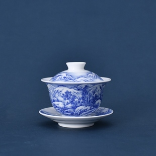 景德镇九段烧九段妙手满绘雪景山水盖碗节日商务送礼名窑青花茶具