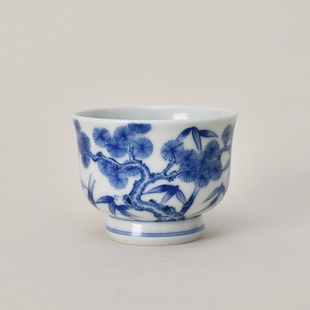 九段烧九段心传岁寒三友竹节杯节日商务送礼名窑手绘青花主人杯