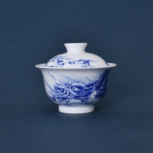 景德镇九段烧九段妙手双龙青花盖碗高端纯手工陶瓷茶具节日送礼