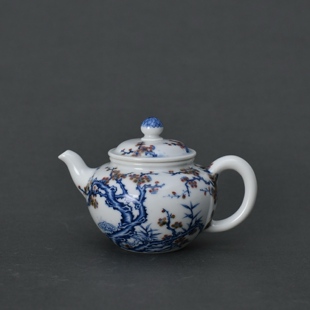 景德镇小雅青花釉里红梅花灵芝壶名窑珍藏手工手绘文人风陶瓷茶壶