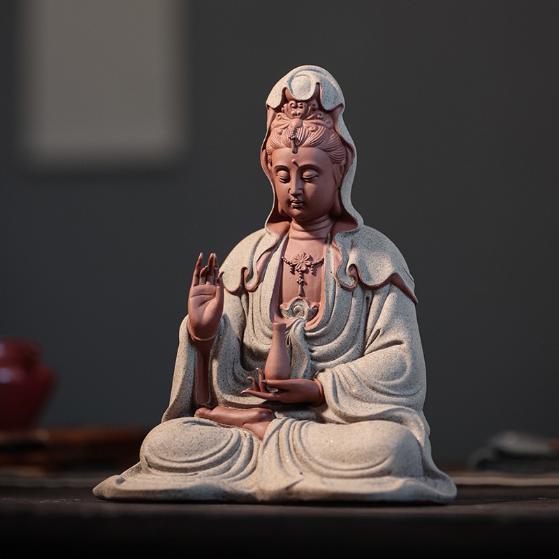中式禅意观世音菩萨佛像摆件家居装饰工艺品紫砂玉净瓶观音摆设