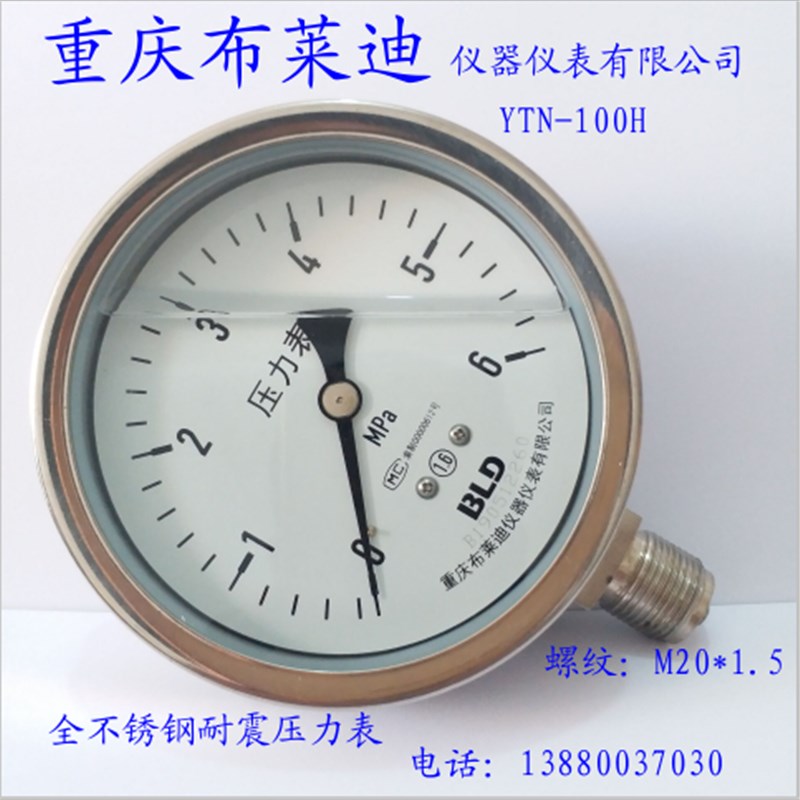重庆布莱迪压力表YTN-100H全不锈钢耐震压力表 螺纹:M20*1.5径向