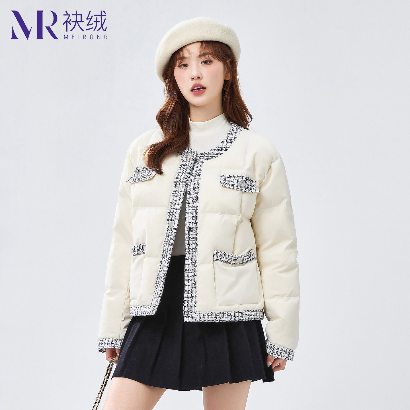 袂绒小香风羽绒服女短款2025新款时尚百搭无领小个子冬季保暖外套