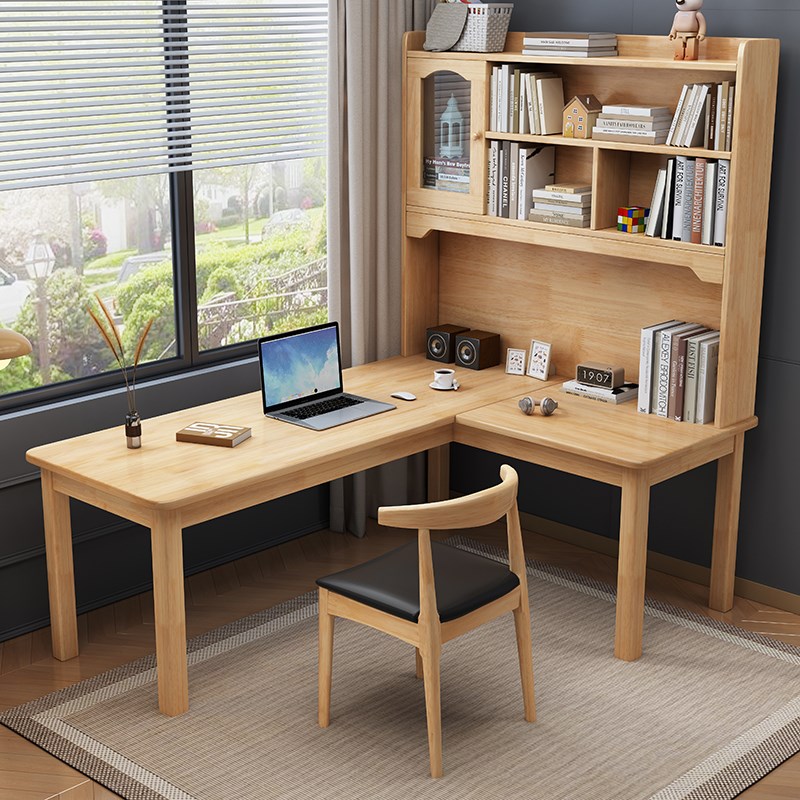 转角实木书桌初中生学习桌客厅桌子书架一体全套家用办公电脑桌子