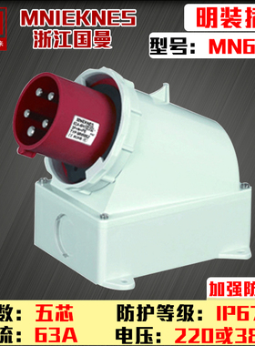 包邮MNIEKNES浙江国曼mn6562反装德标防水插头5P63A明装插座 ip67
