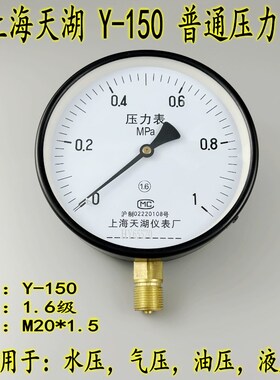 上海天湖Y150锅炉压力表006 1 16mpa水压气压真空表010MPA
