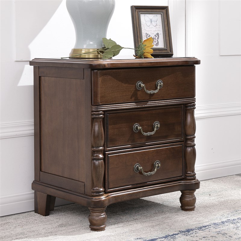 美式全实木床头柜美式乡村核桃木原木床边柜复古卧室三抽屉储物柜