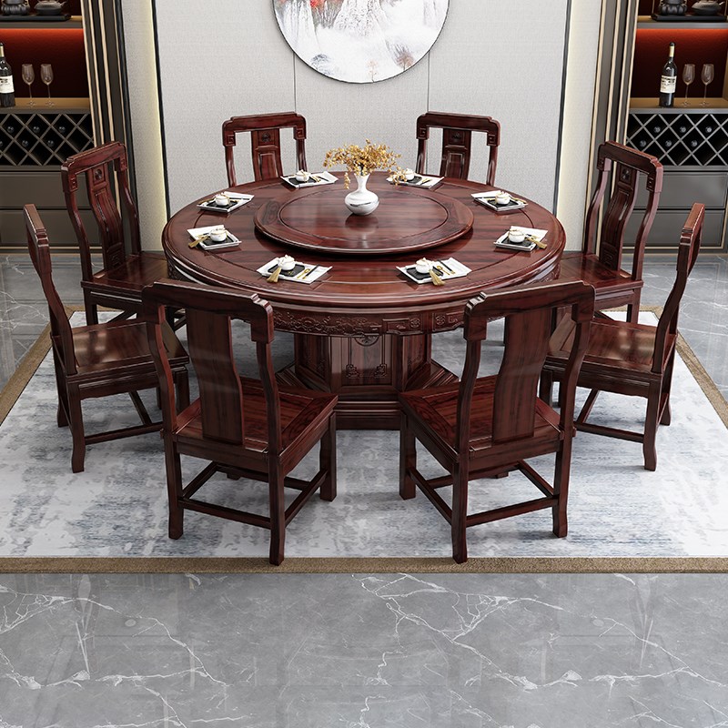 新中式金花梨木实木餐桌椅组合吃饭大圆桌子轻奢岩板家用餐厅家具