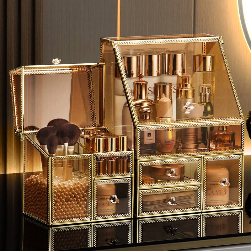 化妆品收纳盒玻璃桌面防尘高级感梳妆台护肤品箱口红大容量置物架