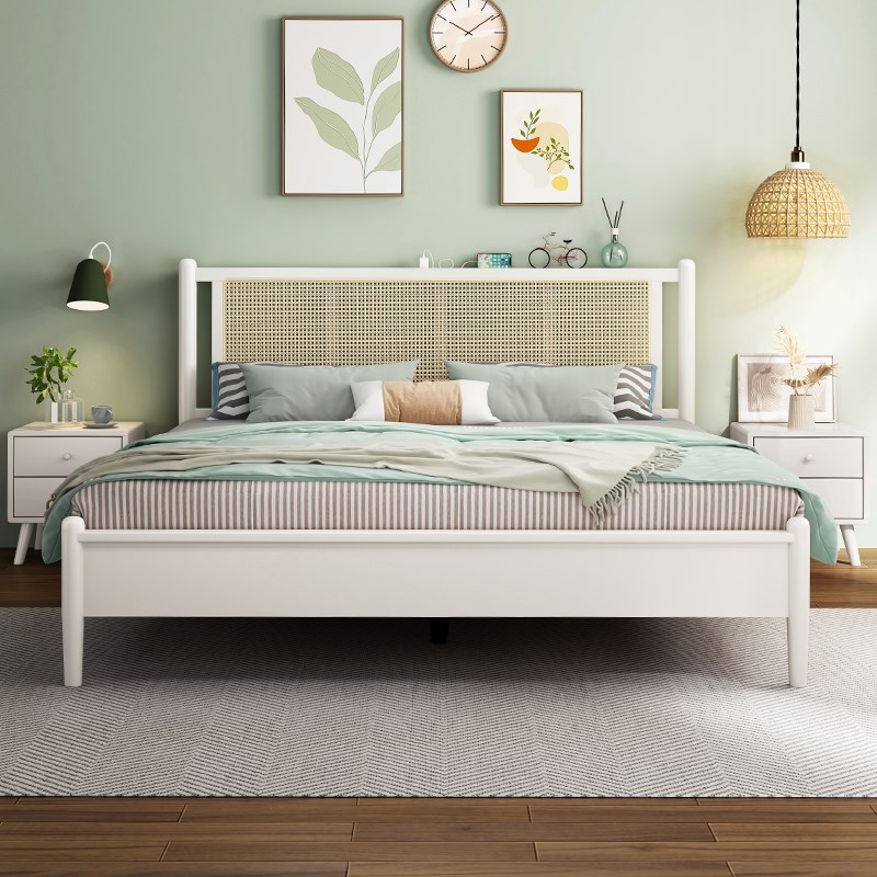 法式全实木藤编床现代简约1米8主卧室储物双人床北欧1.35m实木床