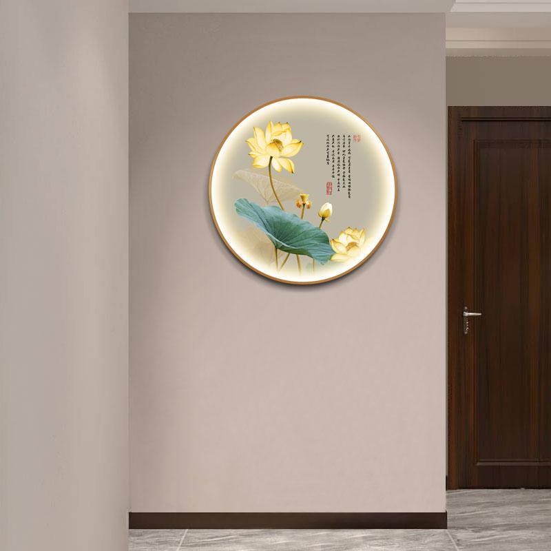 圆形带灯装饰画新中式荷花壁画餐厅茶室卧室走廊玄关挂画入户墙画图片
