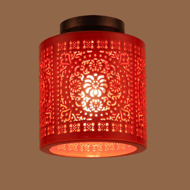 中式红色陶瓷吸顶灯玄关过道阳台灯景德镇镂空瓷红灯笼LED吸顶灯