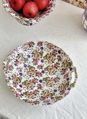 繁花似锦 出口余单 紫色小花花欧式陶瓷双耳盘点沙拉盘高脚果盘