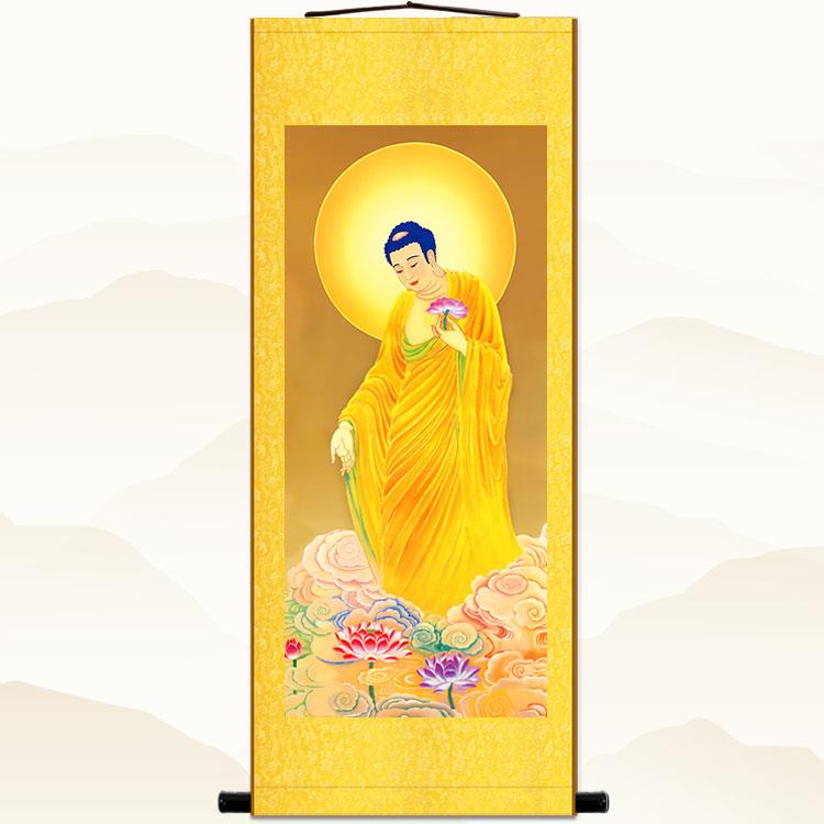 高清阿弥陀佛接引佛图挂画 佛堂中式装饰画 绢布材质卷轴挂画定制