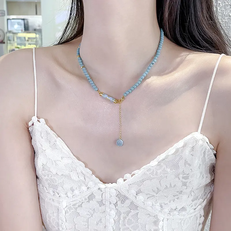 新中式蓝色串珠锁骨链女新款串珠小众设计复古藏式民族风百搭