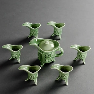 仿古分酒器黄酒清青瓷酒盅礼品 陶瓷酒樽酒杯家用酒具套装