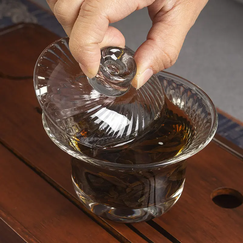 柳纹二财玻璃盖碗日式玻璃茶具功夫茶杯耐热盖碗办公室泡茶器用品